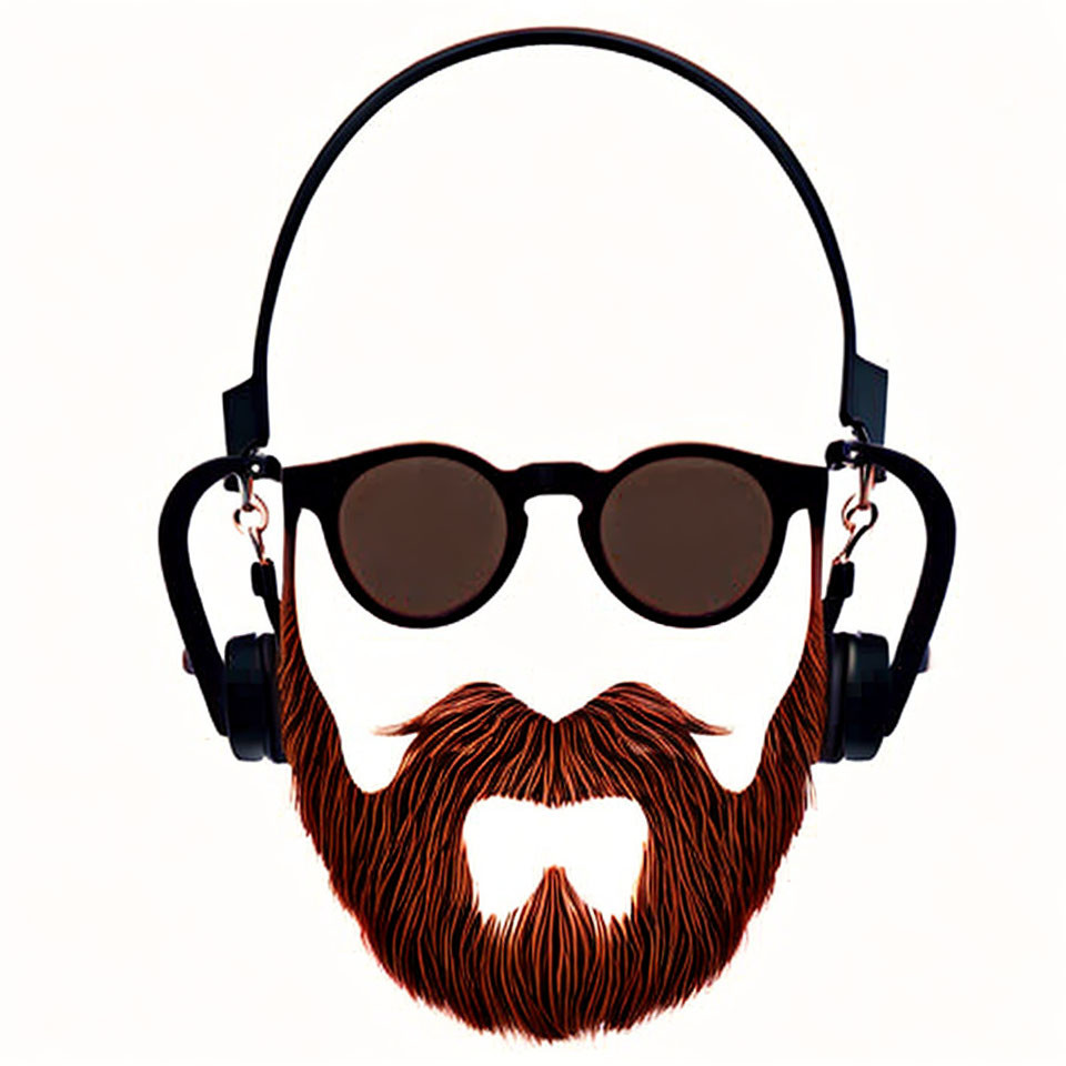 Stylized male face with beard, sunglasses, and headphones on white background