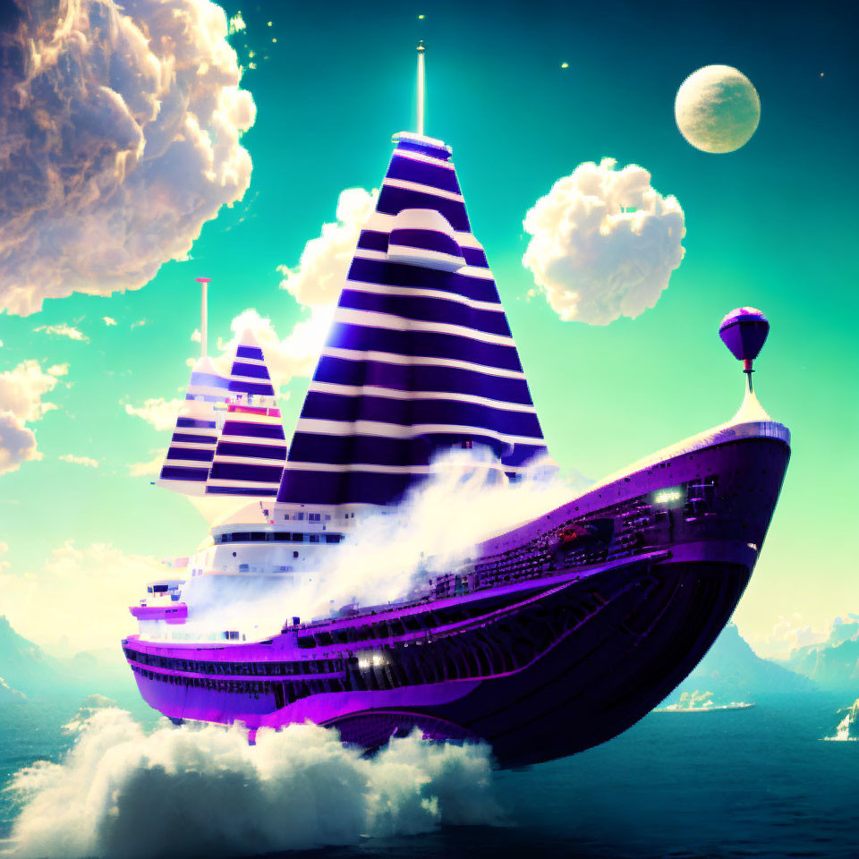 Purple-striped fantasy airship in surreal sky with moon and mountains