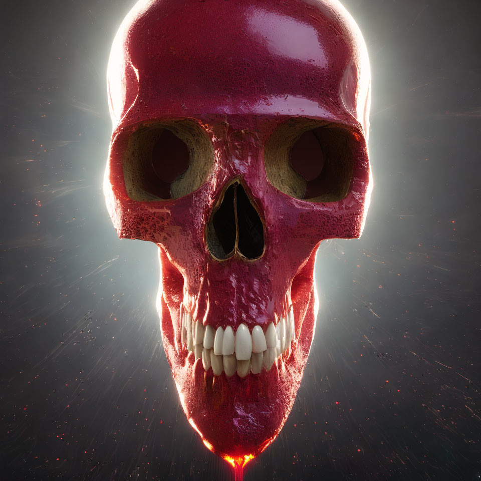 Glowing red skull with halo and dynamic light effects on dark background