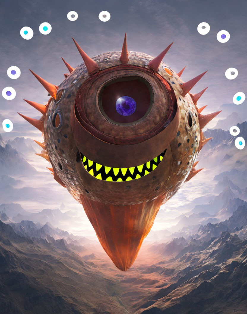 Spiked flying creature with large eye and sharp teeth in mountainous landscape