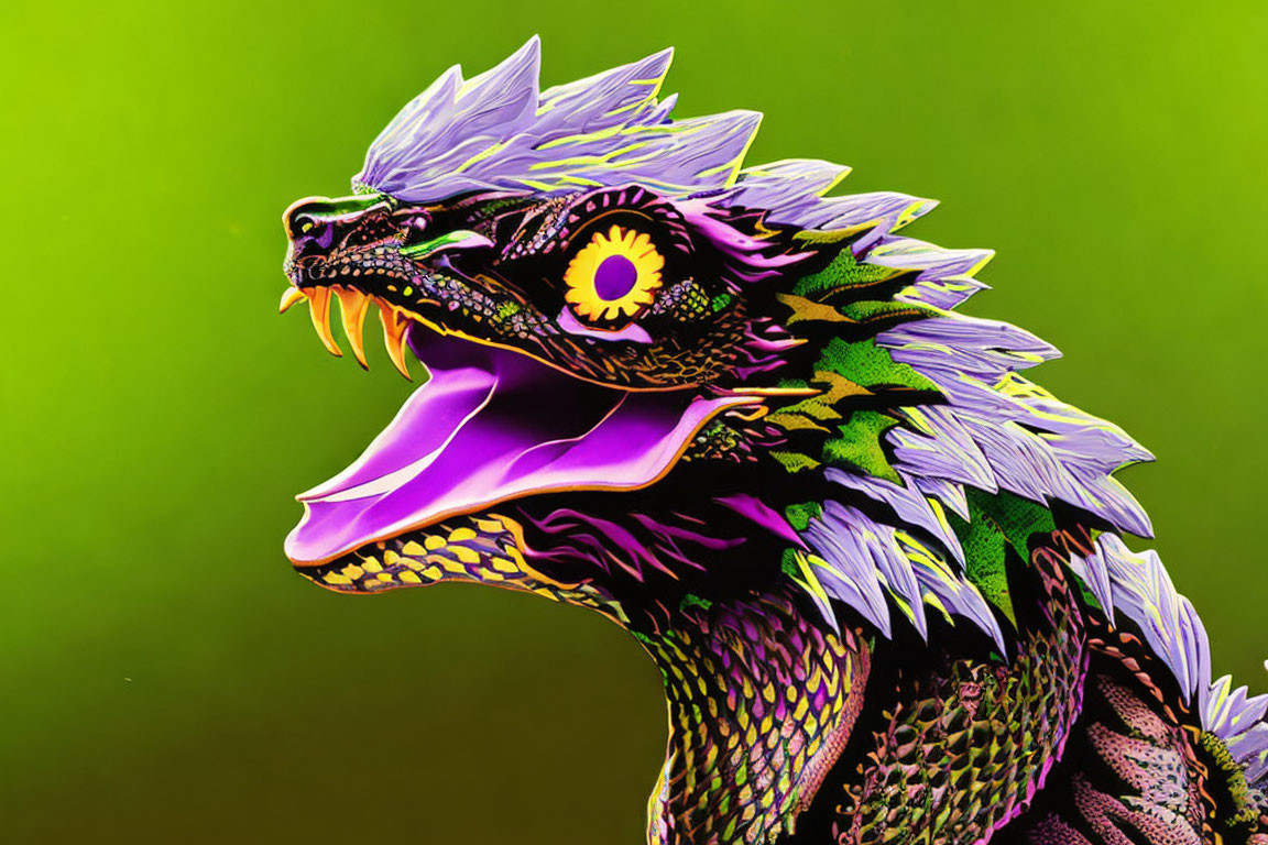 Colorful dragon head illustration with intricate scales and stylized mane on green background