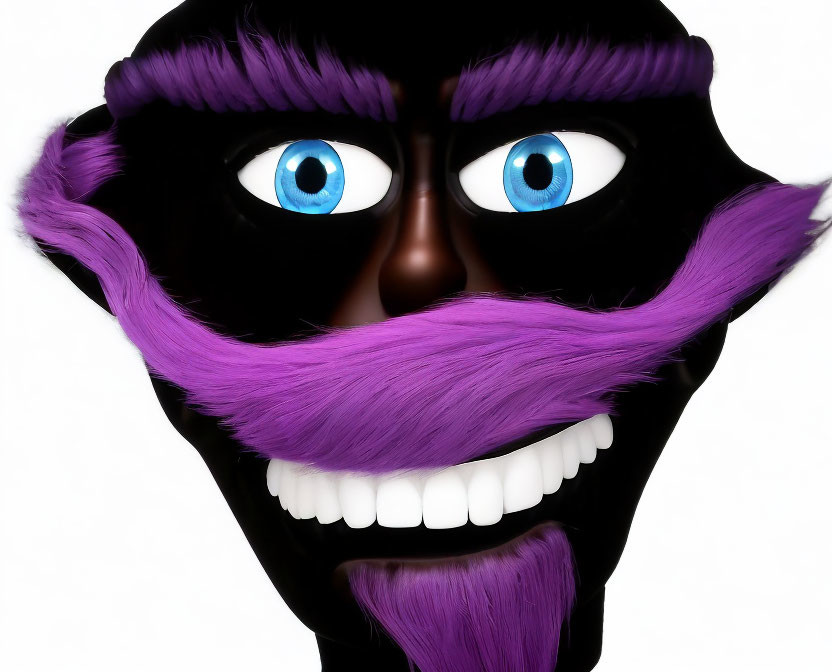 Cartoon face with black skin, blue eyes, purple hair