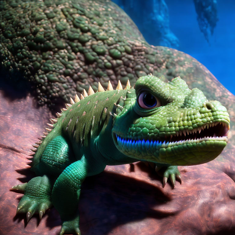 Colorful Computer-Animated Lizard with Spiny Back and Sharp Teeth Underwater