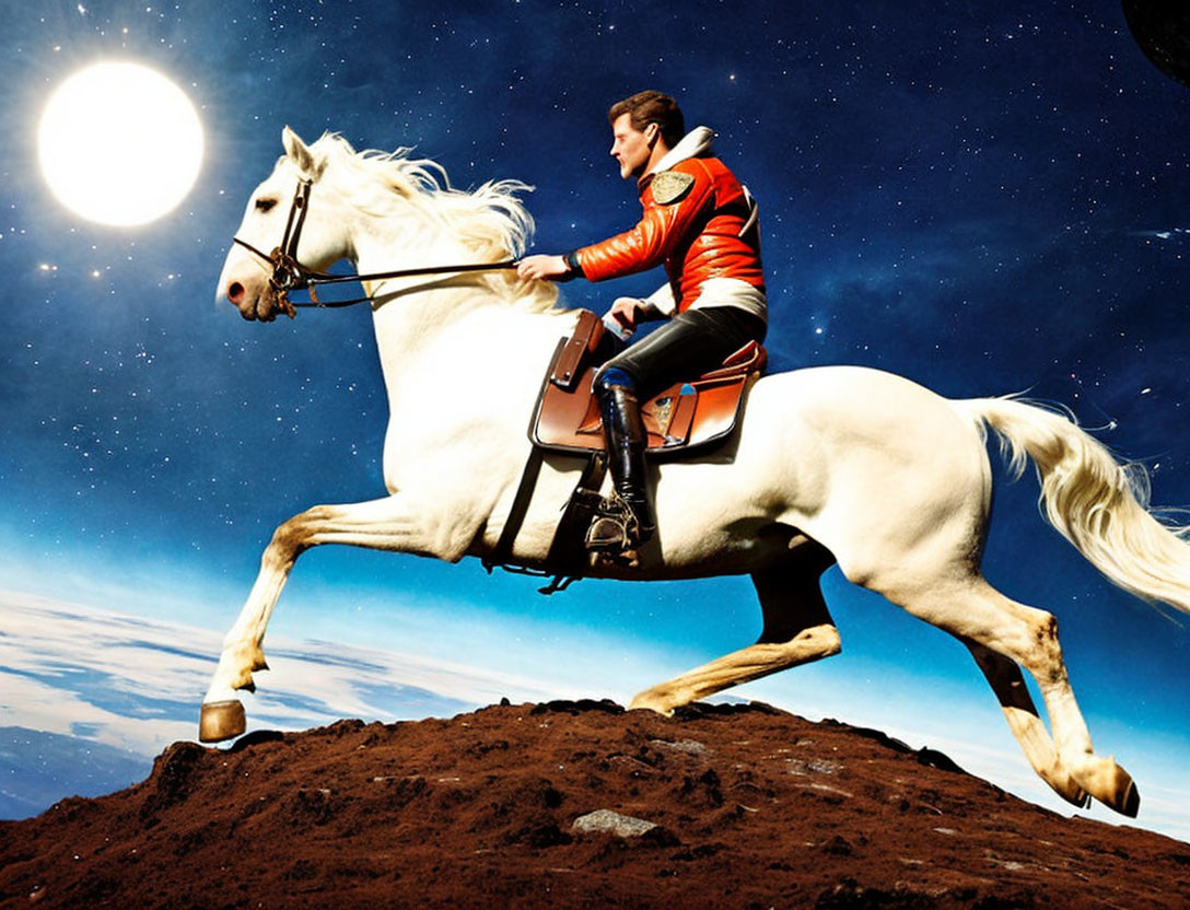 Person in red jacket riding white horse under bright full moon