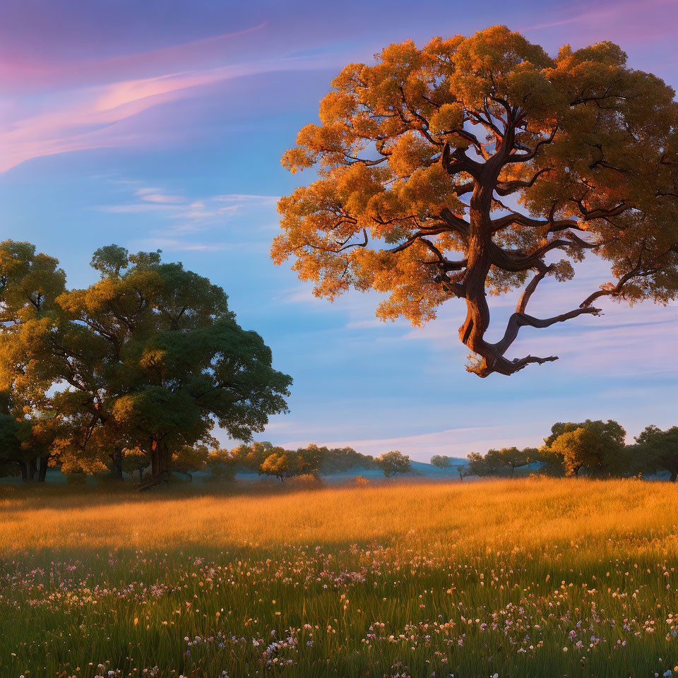 Tranquil Landscape: Golden Tree in Wildflower Field at Dusk