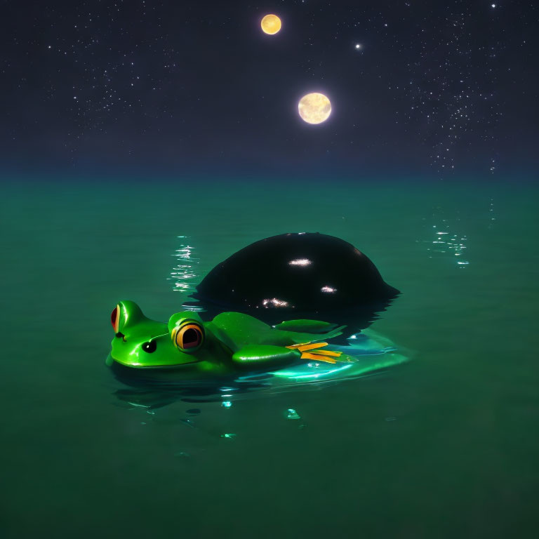 Colorful frog floating on water with black sphere under starry sky