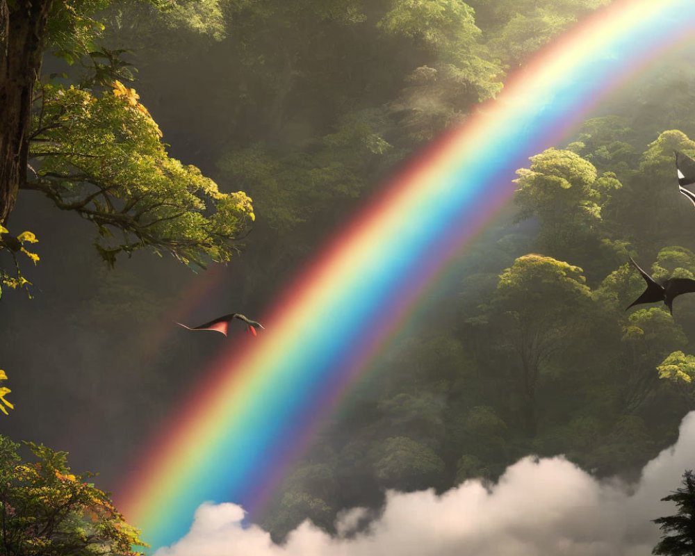 Vibrant rainbow in misty forest with lush green foliage and flying birds