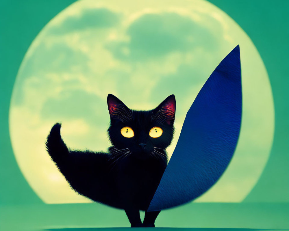 Stylized black cat with yellow eyes beside moon and surfboard on green backdrop