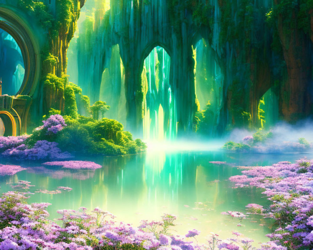 Serene lake with pink flowers, luminous waterfalls & verdant cliffs