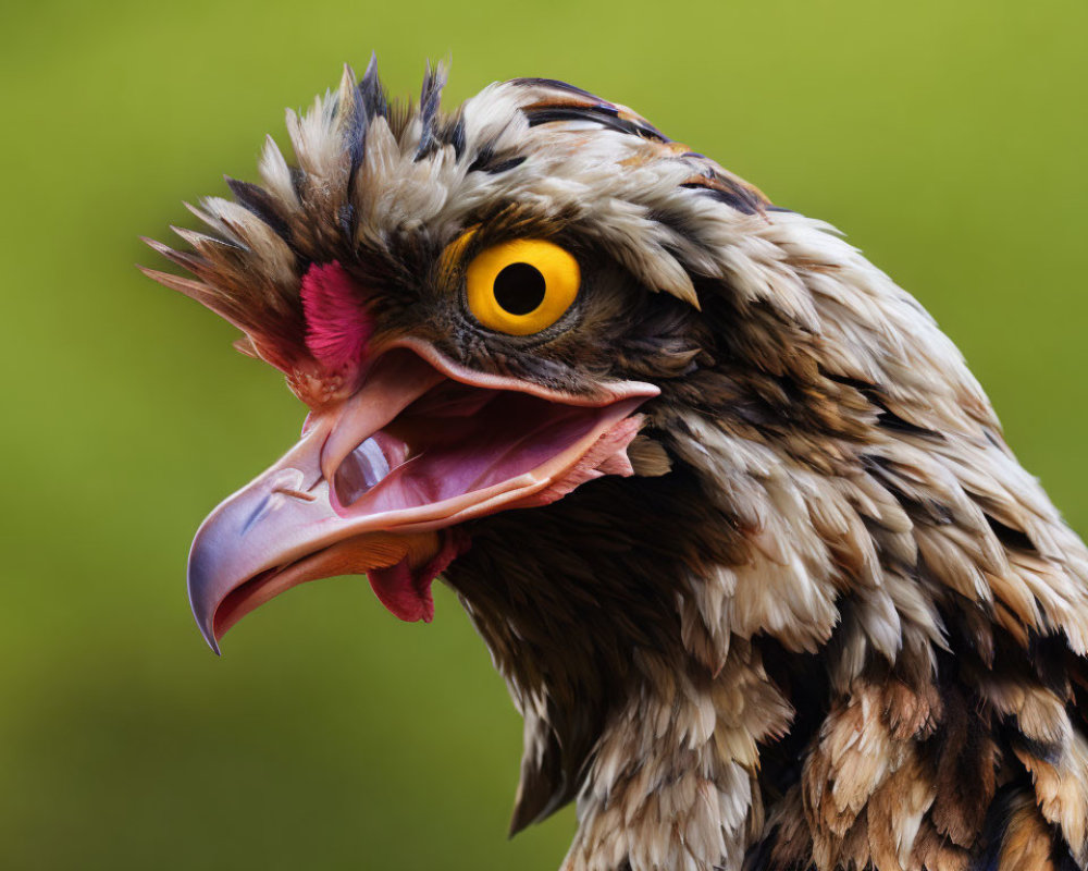 Detailed close-up of bird with open beak, feathers, and eye on green backdrop