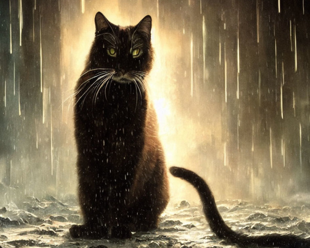 Majestic dark-furred cat in dramatic downpour captured with intense eyes