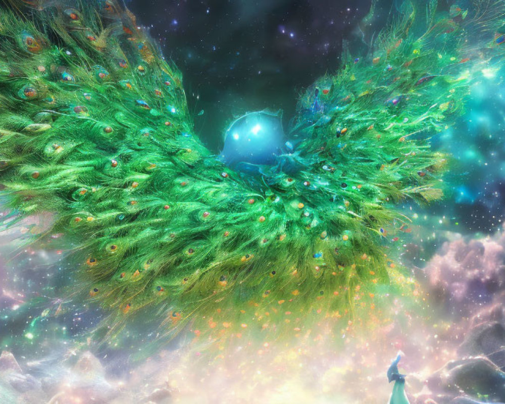 Vibrant peacock-like cosmic entity amidst starry nebula.