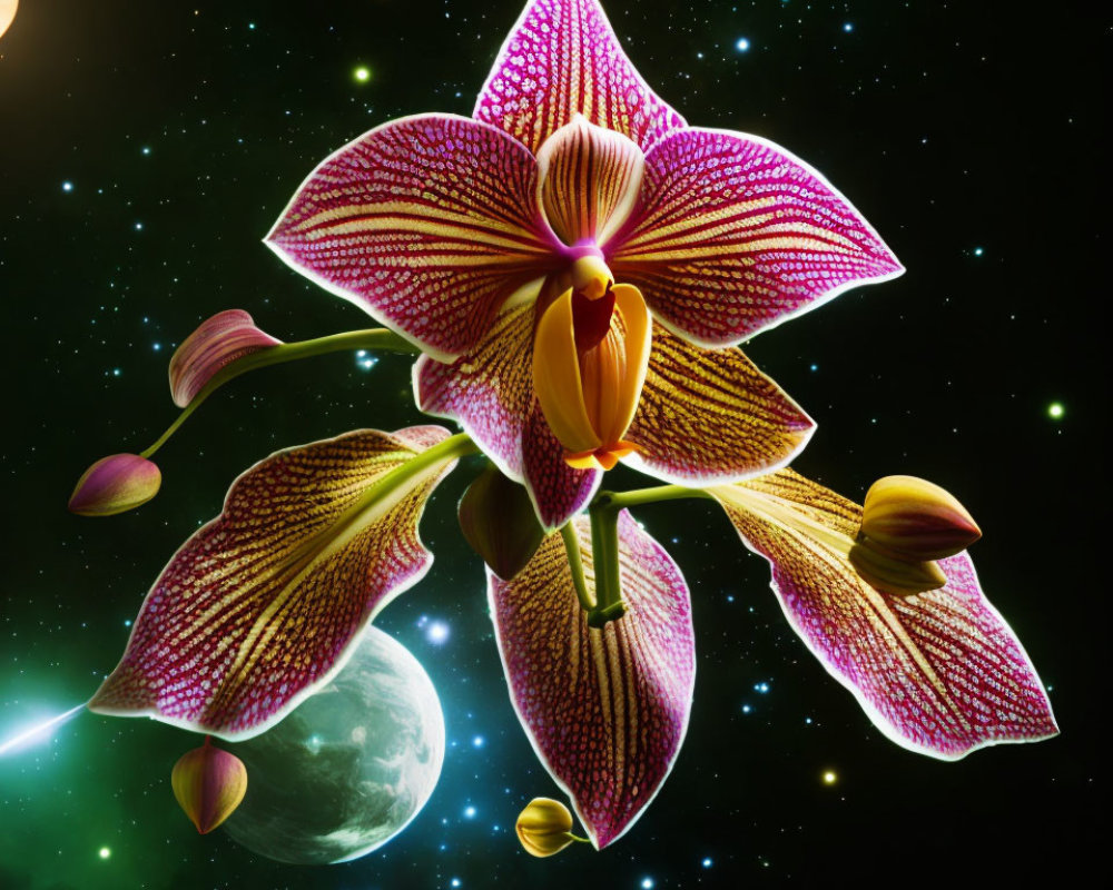 Colorful digital orchid with cosmic starry background.