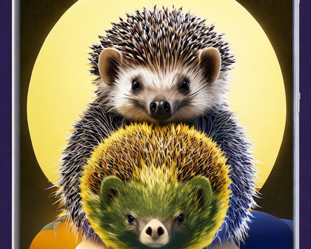 Colorful Stacked Hedgehogs on Moon Background with Bouncing Spheres