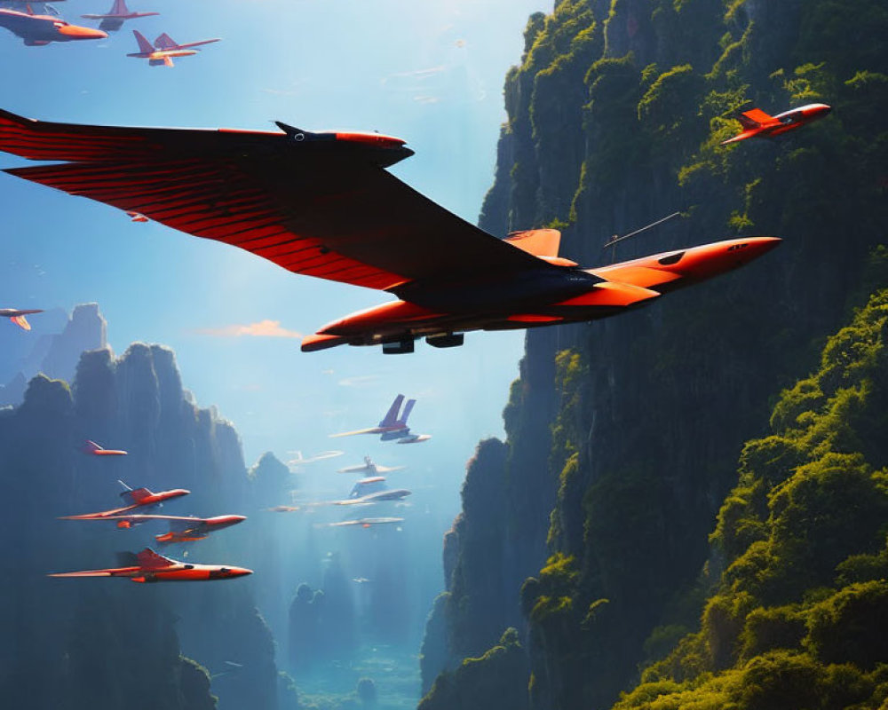 Futuristic red aircraft flying over lush canyon in formation