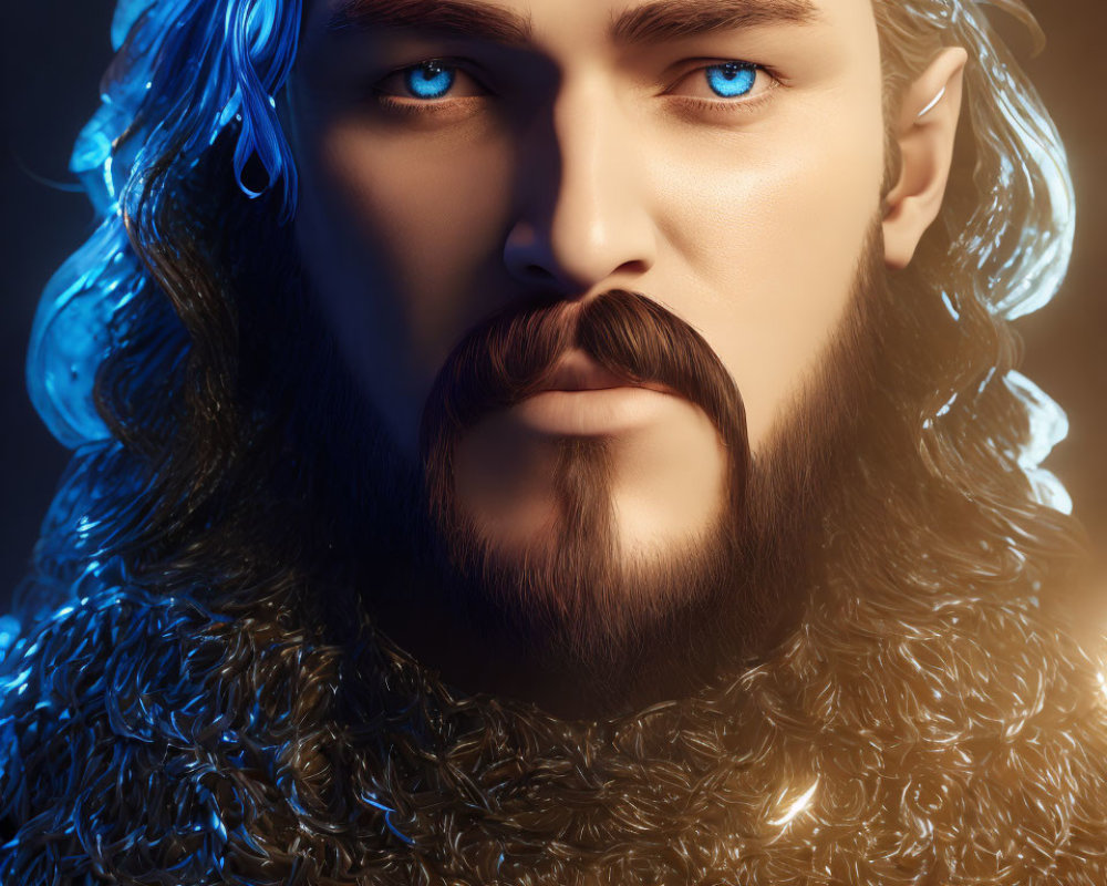 Portrait of a man with blue eyes, dark hair, beard, chainmail armor, and glowing necklace