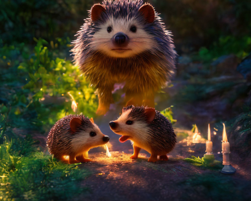 Animated hedgehogs in magical forest with candles: Two small facing, one large floating