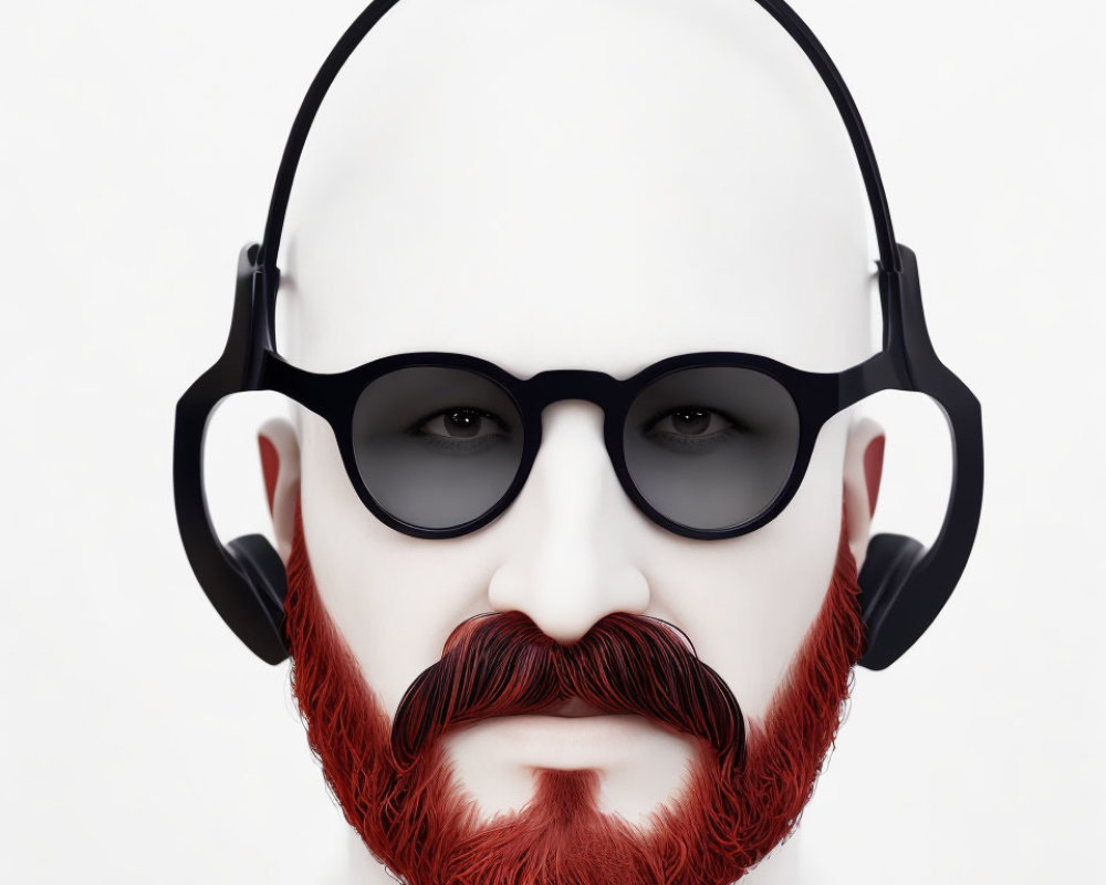 Stylized male face with bald head, round glasses, headphones, red beard & mustache