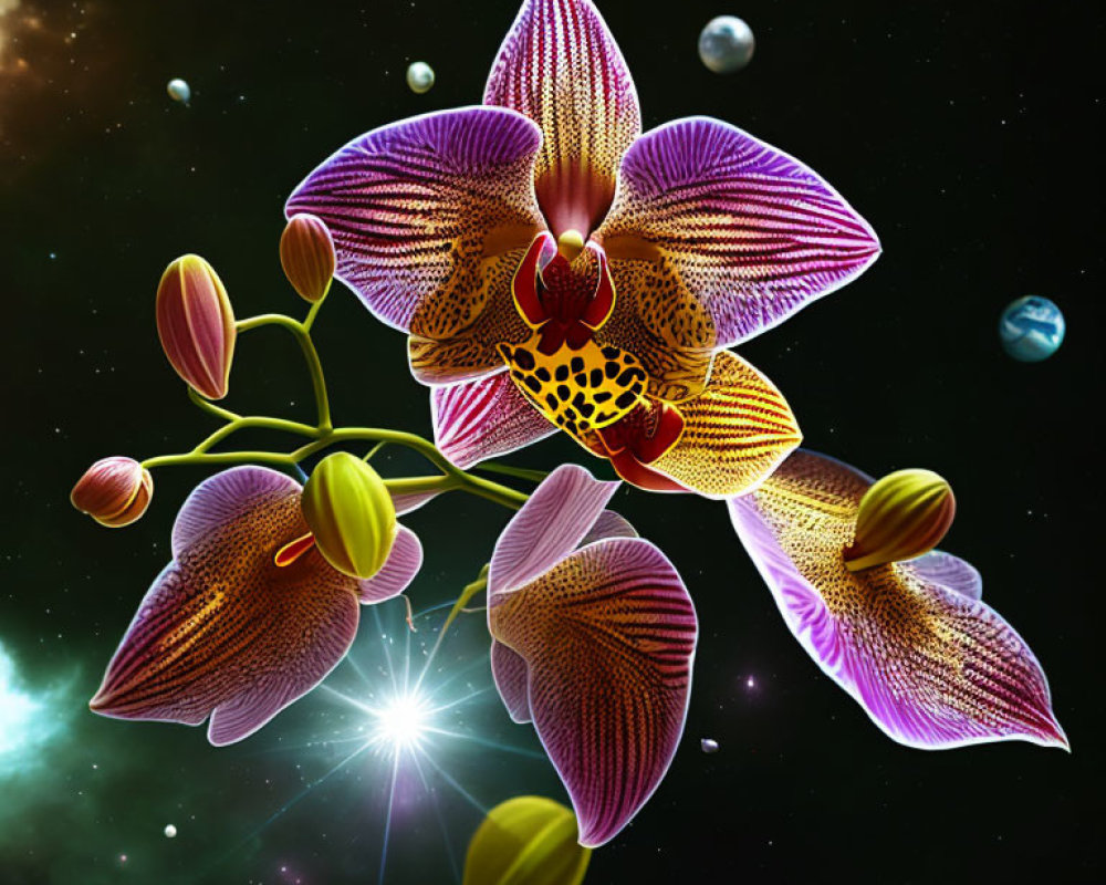 Colorful orchids in space with starburst and planets on dark cosmic backdrop