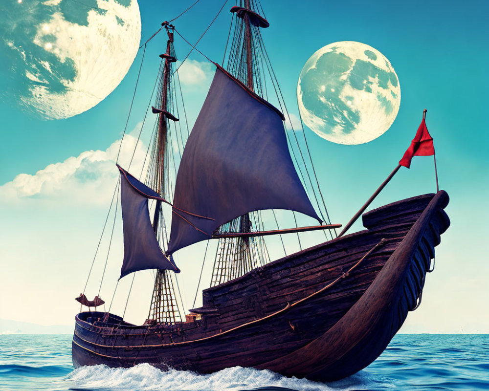 Vintage wooden ship sailing under two oversized moons in fantastical seafaring scene