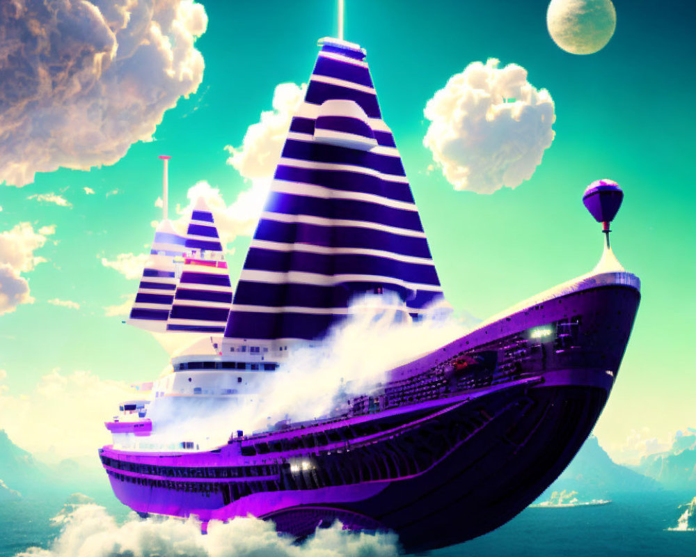 Purple-striped fantasy airship in surreal sky with moon and mountains