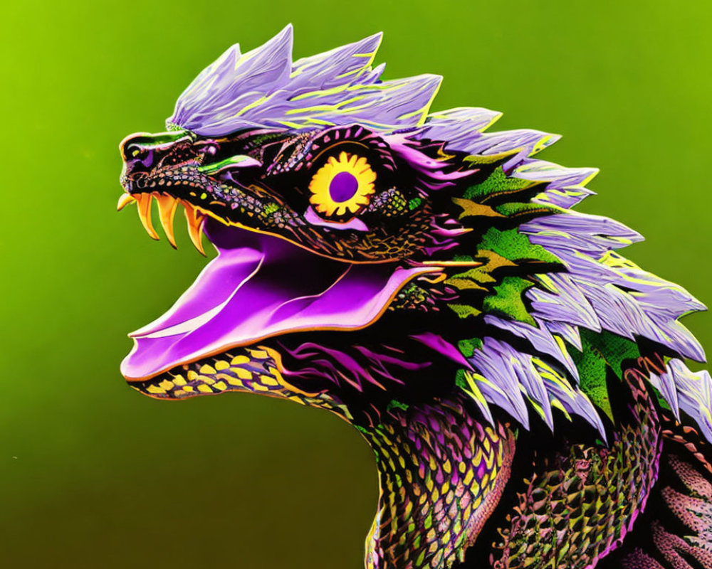 Colorful dragon head illustration with intricate scales and stylized mane on green background