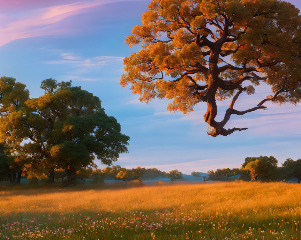 Tranquil Landscape: Golden Tree in Wildflower Field at Dusk