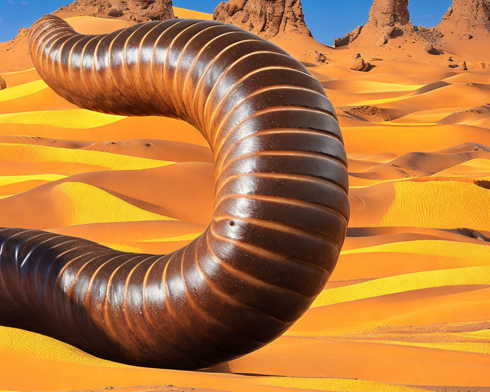 Metallic horn-like sculpture in desert with orange dunes and rock formations