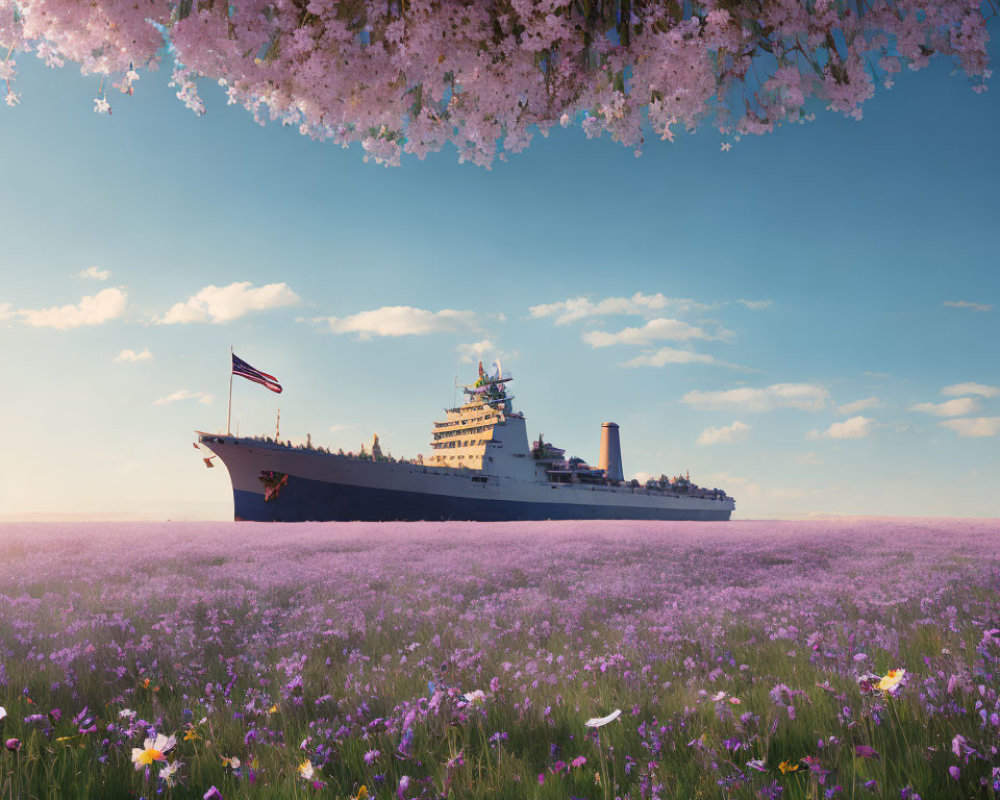 Navy ship surrounded by purple flowers and cherry blossoms