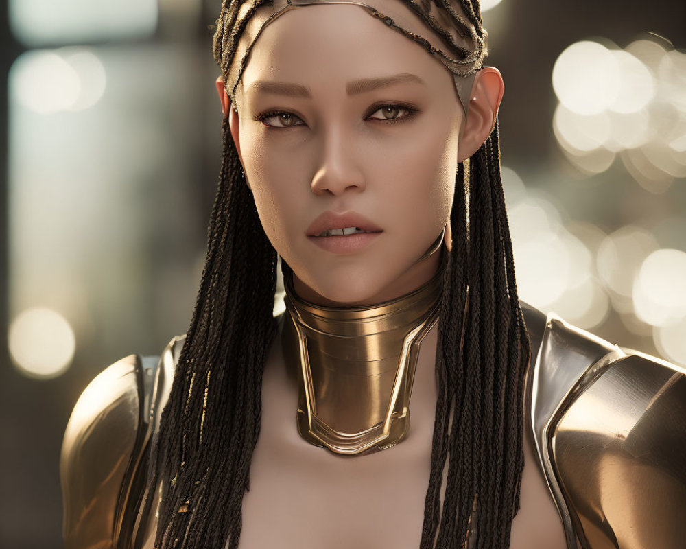 Braided hair person in golden futuristic armor with intense gaze