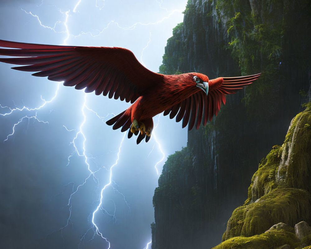 Majestic red bird flying in lightning-streaked skies above lush waterfall