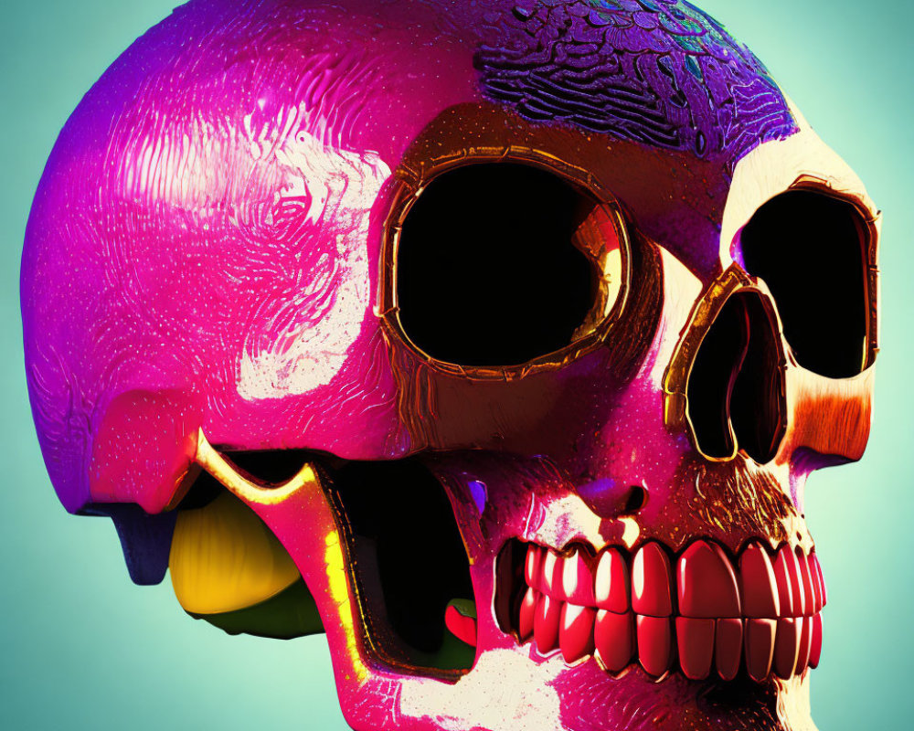 Colorful 3D-rendered skull with glossy finish on teal background