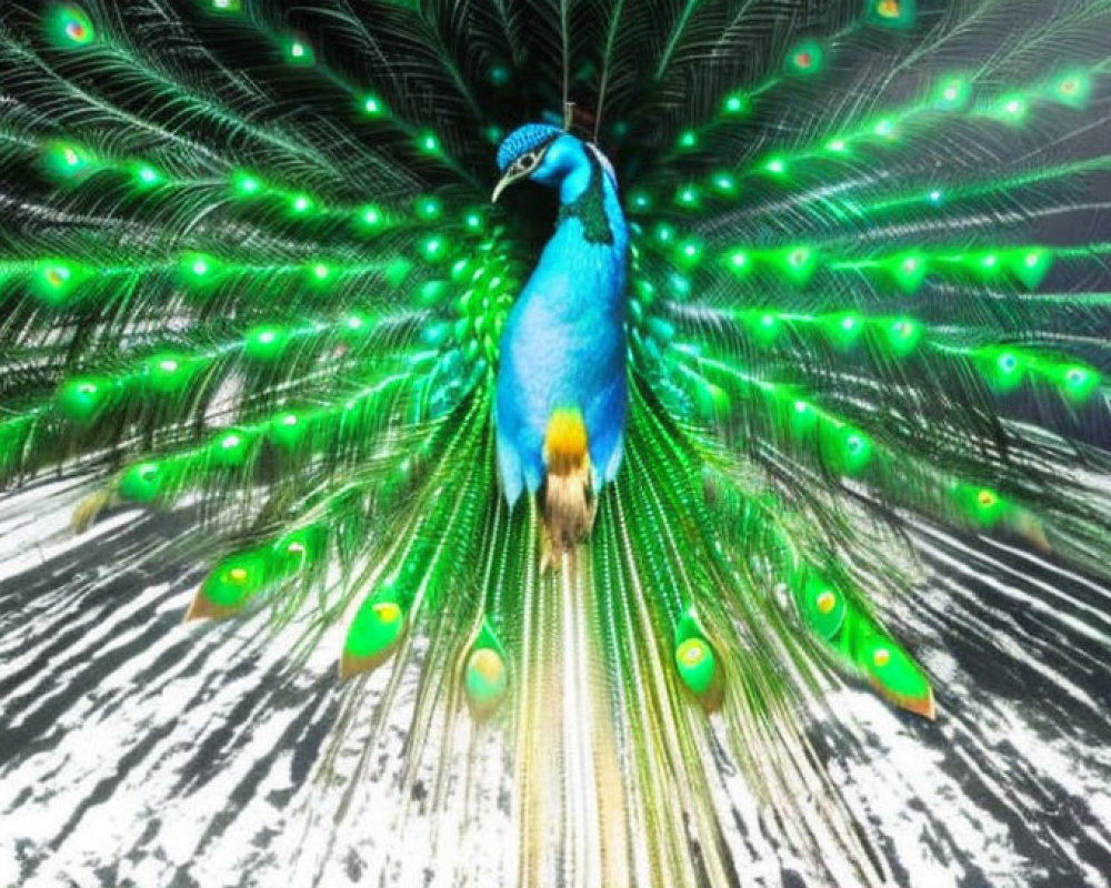 Colorful peacock with iridescent eyespots on striped backdrop