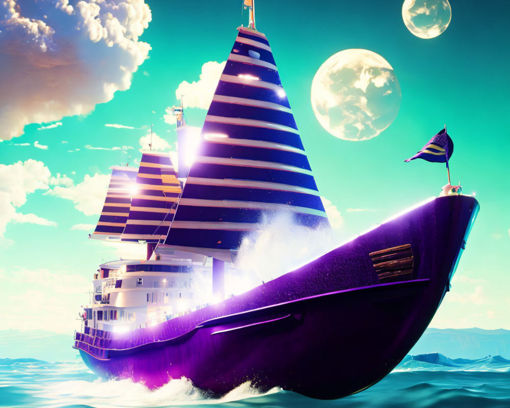 Stylized purple sailboat with striped sails on ocean under two moons