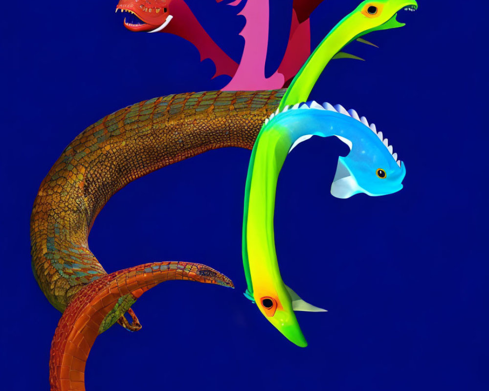 Six-Headed Serpent Creature with Vibrant Colors on Blue Background