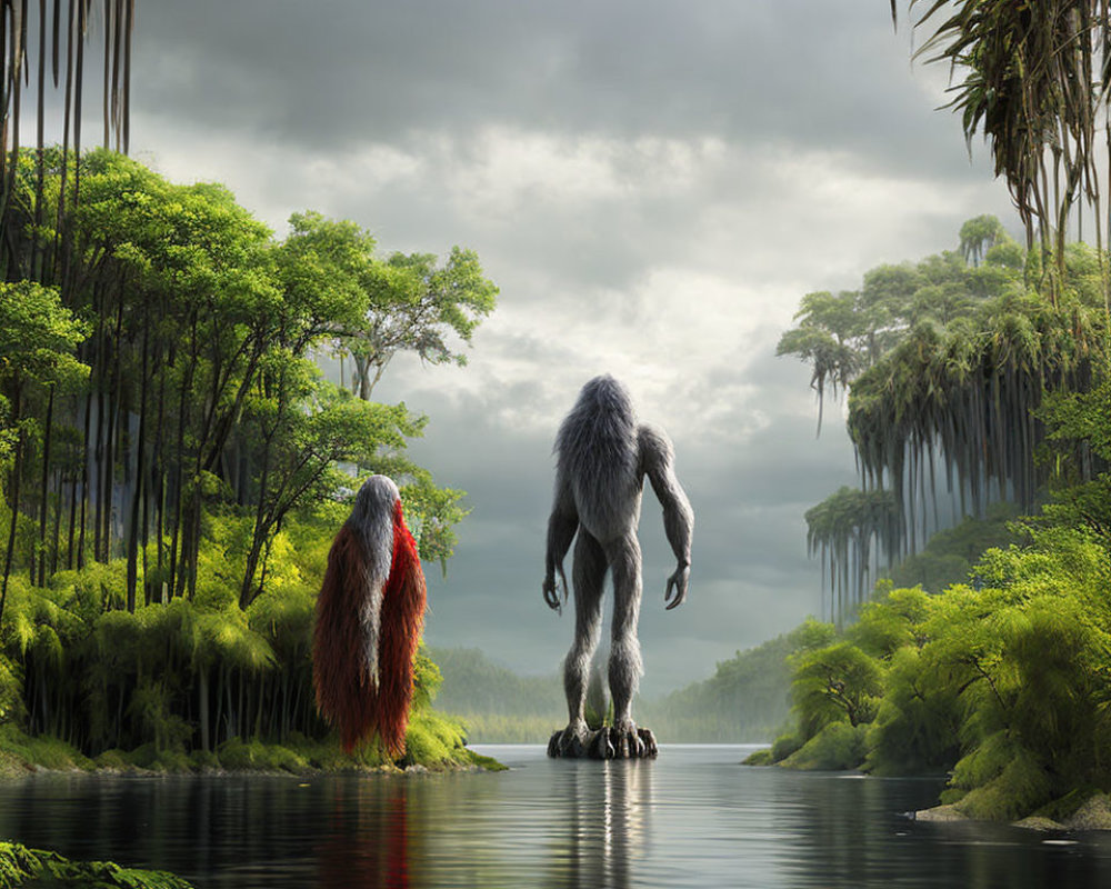 Mythical creatures with long hair in serene river landscape