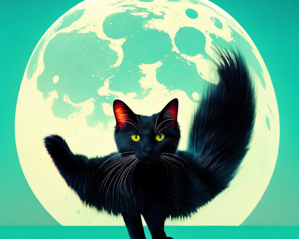 Black Cat with Yellow Eyes in Front of Stylized Full Moon on Teal Background