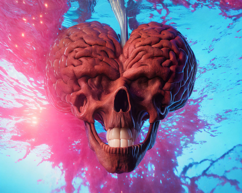 Symmetrical Brain Halves in Human Skull Submerged in Vibrant Pink and Blue Water