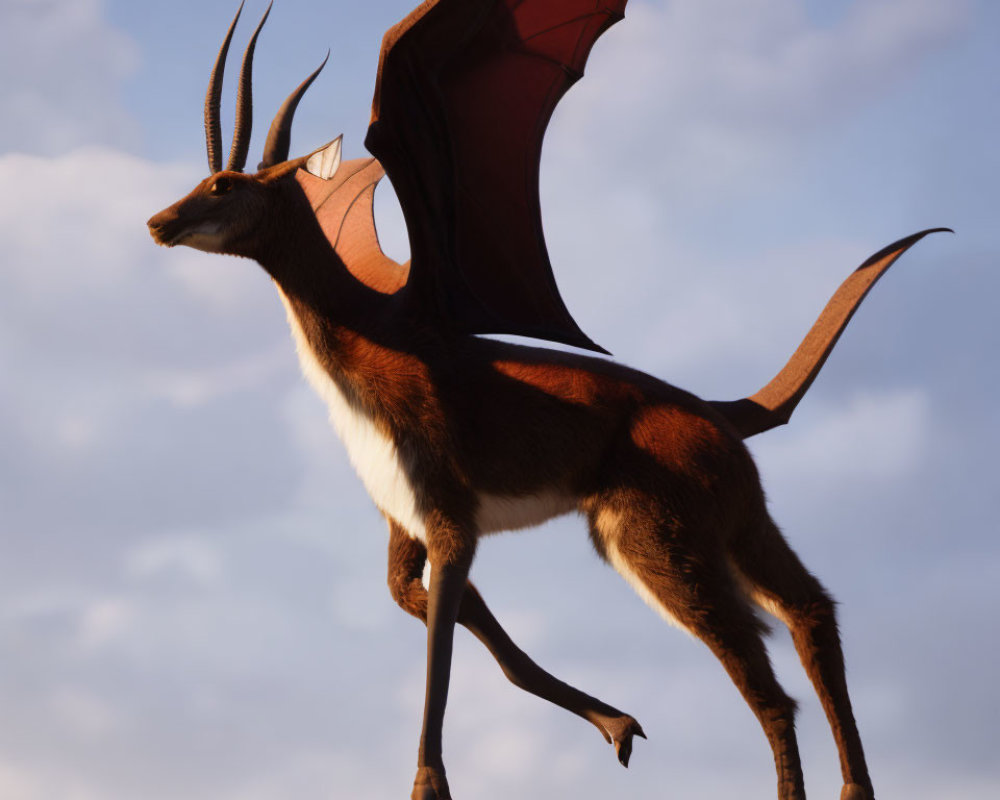 Brown antelope body with dragon wings in cloudy sky