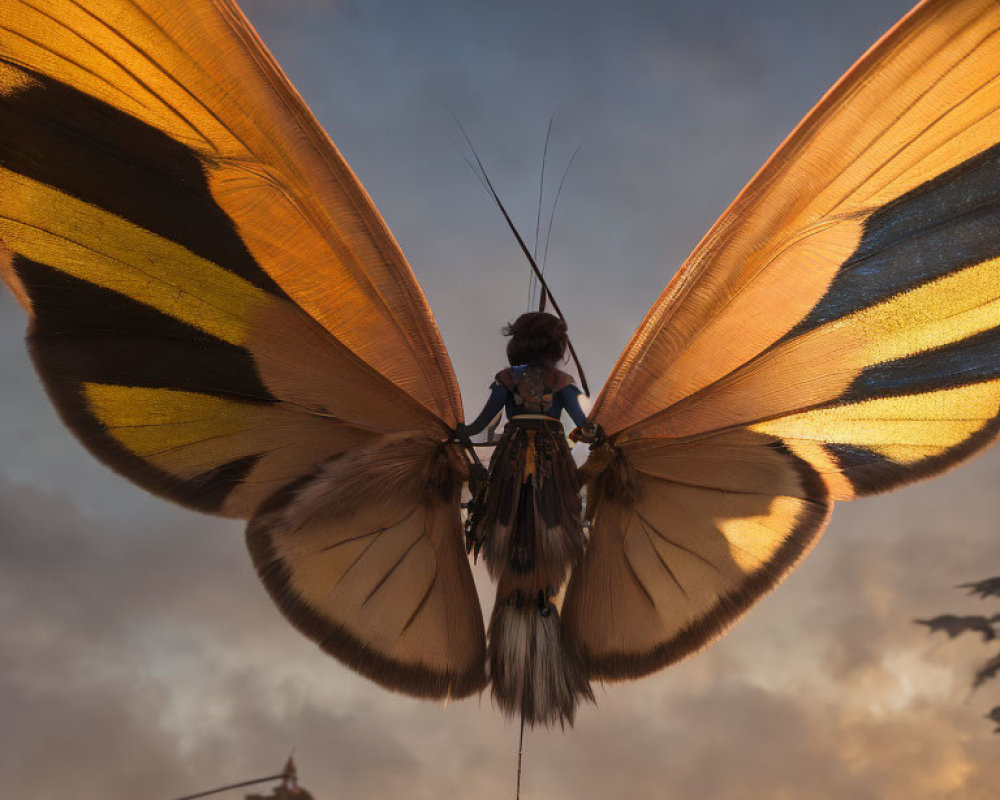 Giant butterfly-winged figure in twilight sky with ornate architecture.