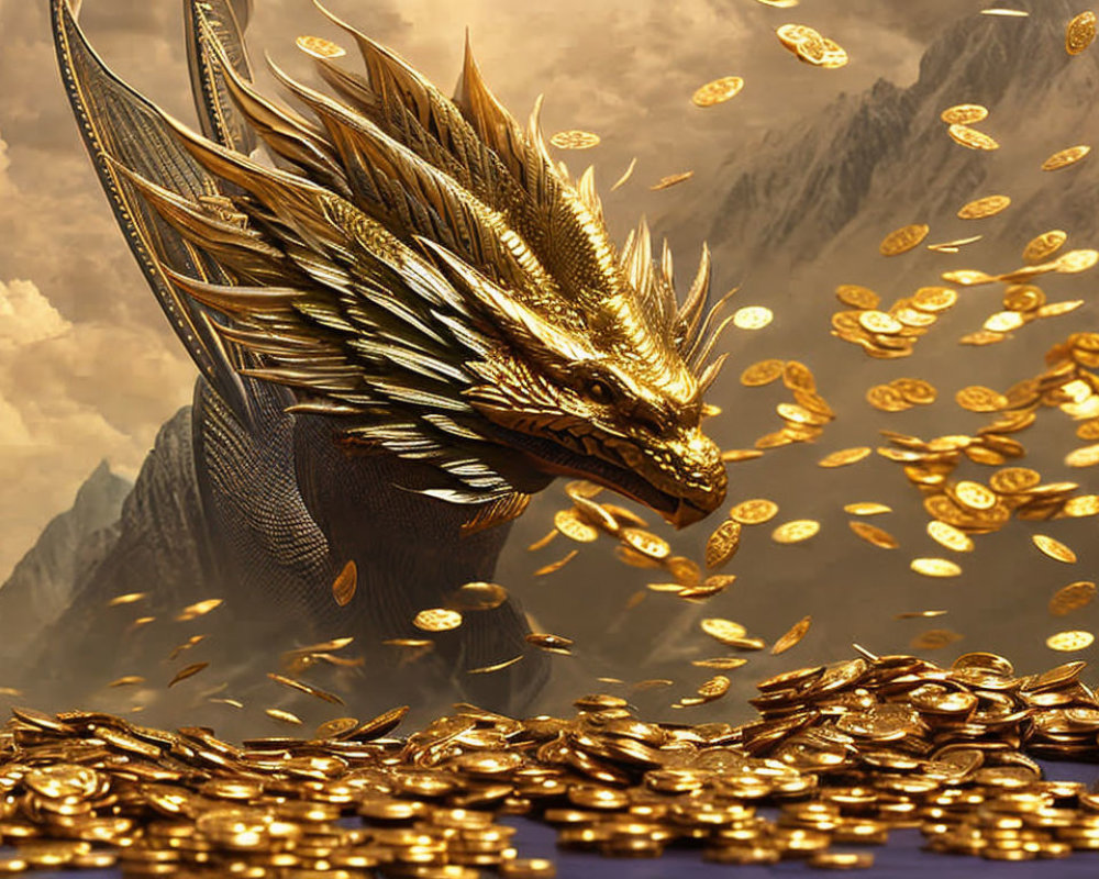 Golden dragon on coin hoard with mountains and dramatic sky