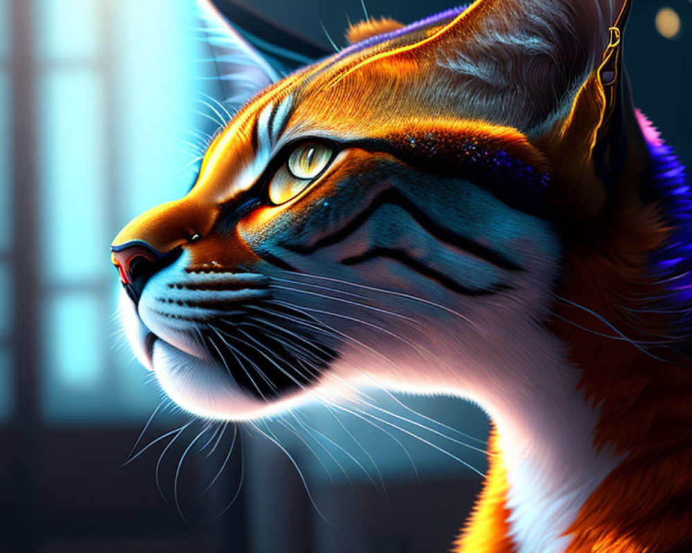 Vibrant orange cat with intricate facial markings under blueish light