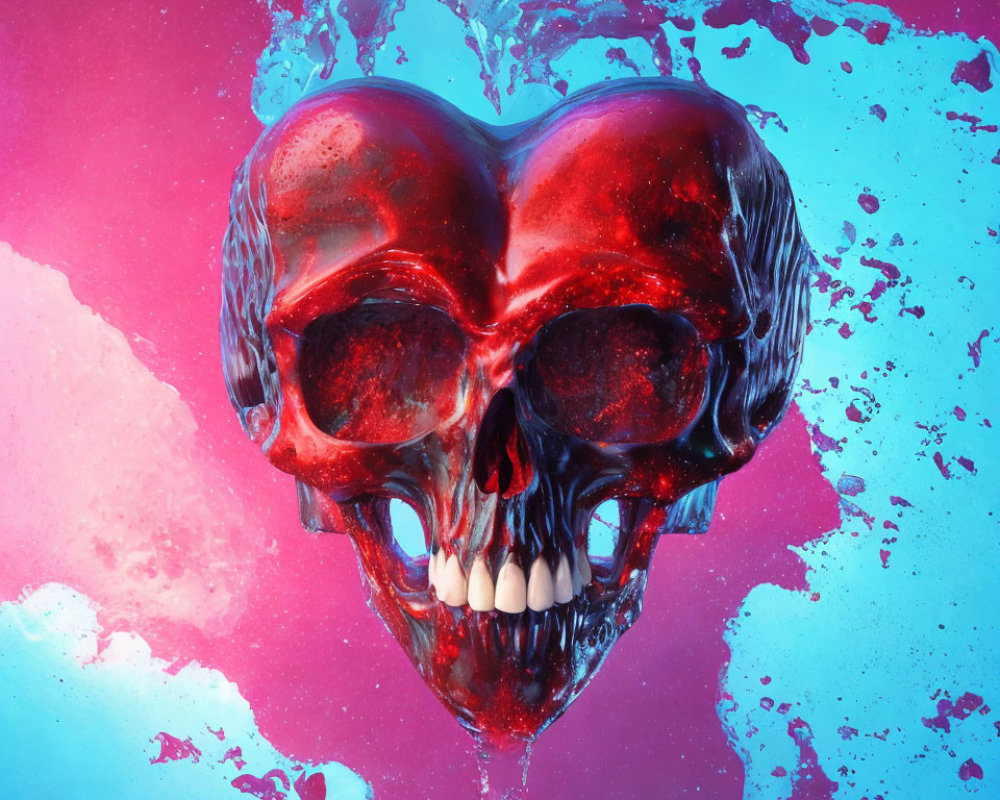 Vibrant red skull in clear liquid on pink and blue background with water splashes