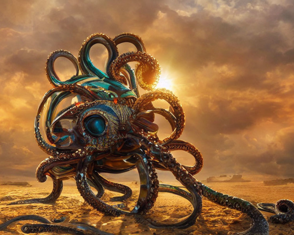 Mechanical octopus under golden sunset in desert landscape