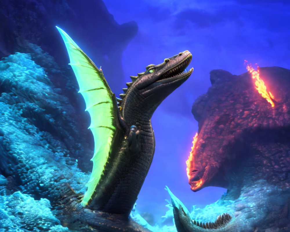 Digital Artwork: Two Dragons Breathing Fire in Underwater Scene