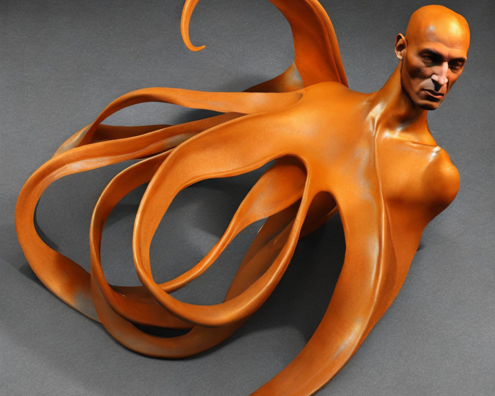 Sculpture of bald muscular torso with orange tentacles on grey backdrop