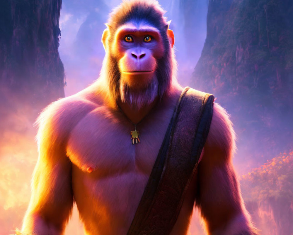 Stylized animated gorilla with strap and necklace in mystical mountain setting