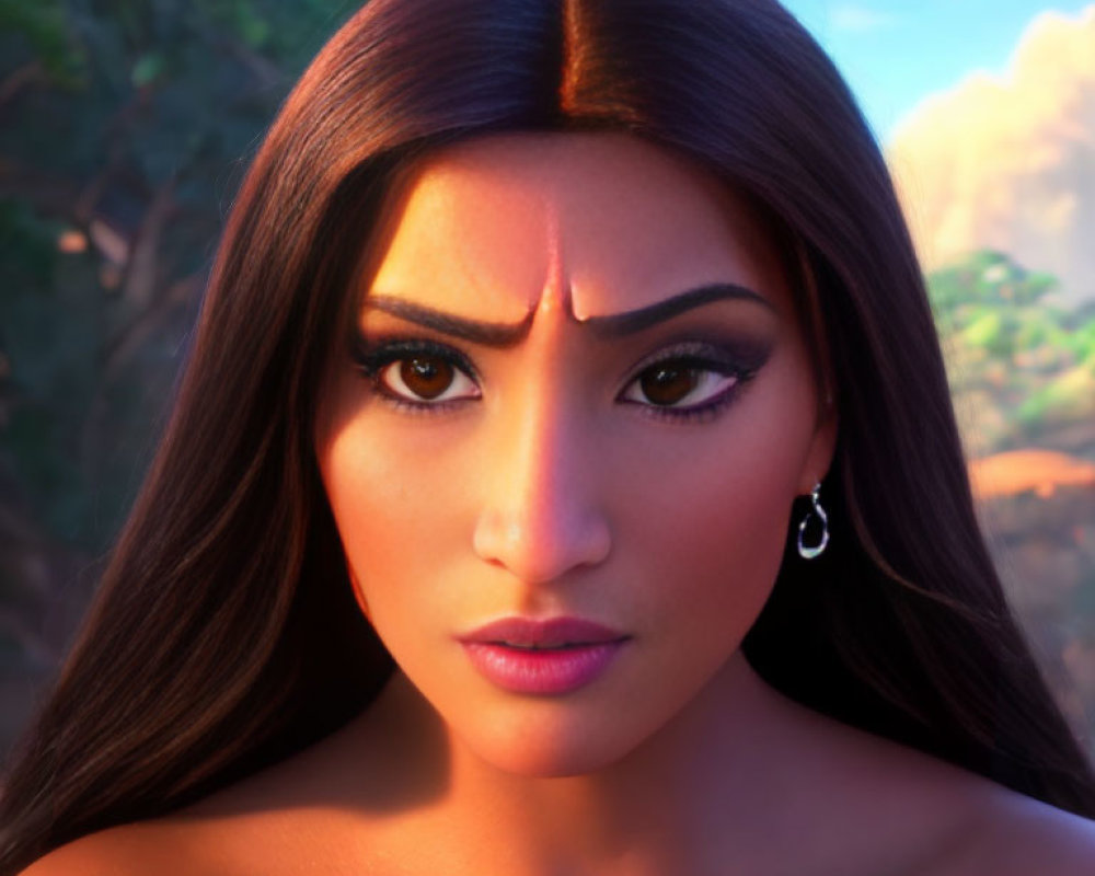 Detailed 3D animated female character with long brown hair and large brown eyes on blurry natural backdrop