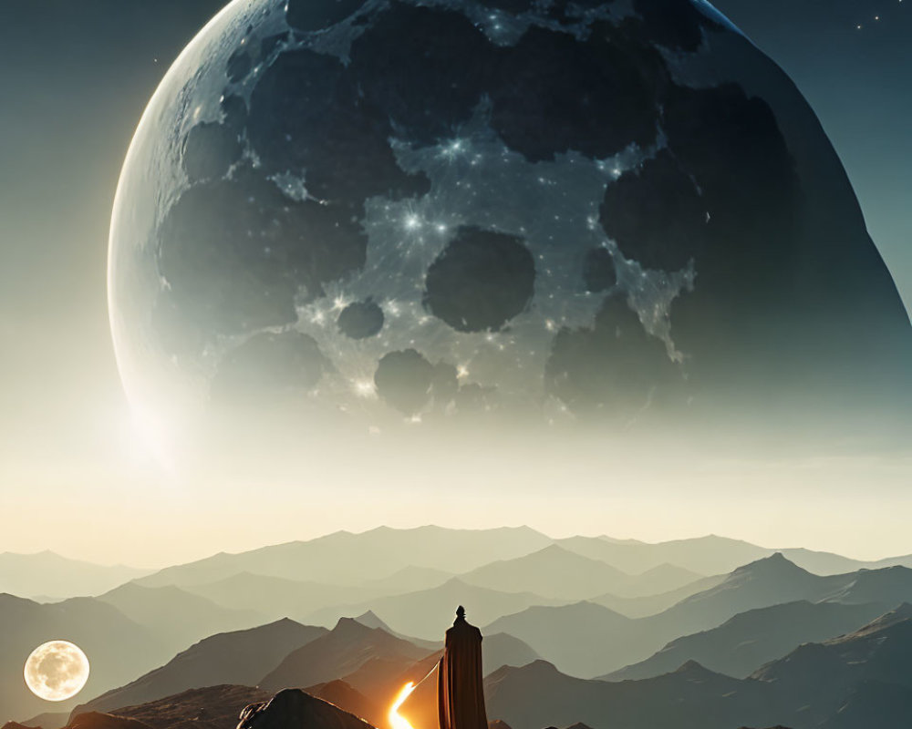 Cloaked Figure on Mountain Observing Moon and Sunrise