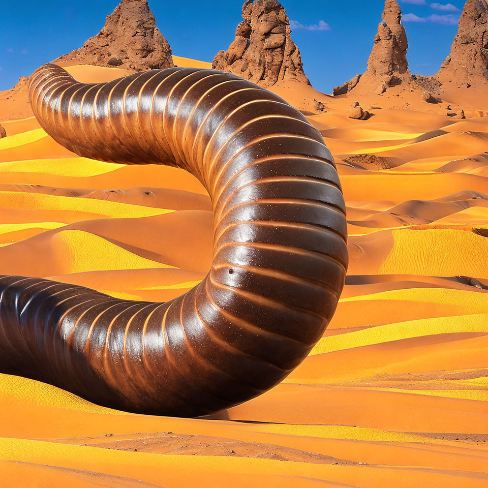 Metallic horn-like sculpture in desert with orange dunes and rock formations